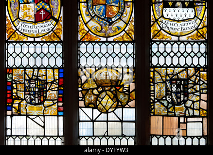 Heraldic stained glass, St. Martin`s Church, Fenny Stratford, Buckinghamshire, England, UK Stock Photo